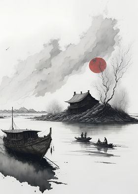 ink painting asia nature