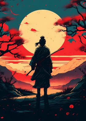 Japanese Samurai at Sunset