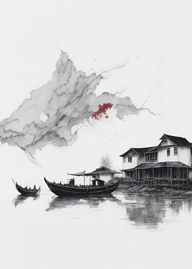 ink painting asia river