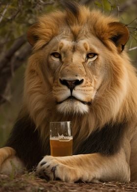 Lion drinking beer