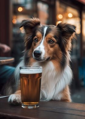 Dog drinking beer in a bar