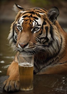 Tiger drinking beer