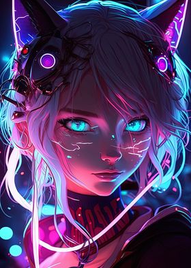 Cat Girl Blue Neon Anime 