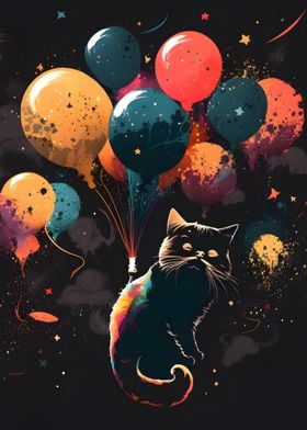 cat fly with balloons