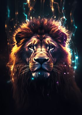Lion Water Neon Cosmic Art