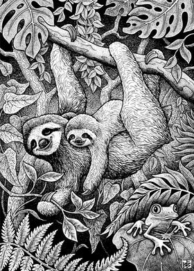 Happy Sloths Ink Drawing