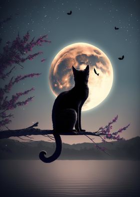 cat moon night