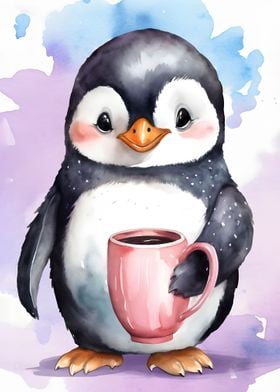 Watercolor Penguin Coffee