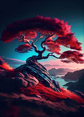 Asian Landscape Red Tree