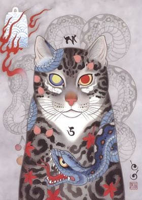 Japanese Cat Snake Tattoo