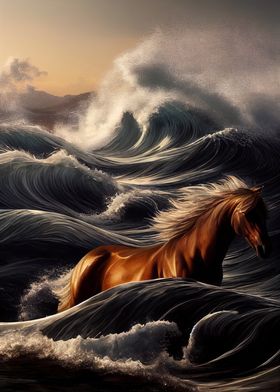 Brown horse and waves