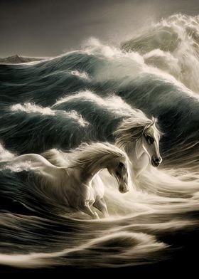 wave Horses in wild sea