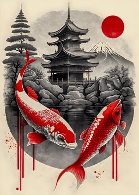 Red Koi and japanese icon