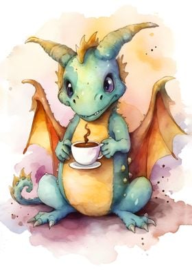 Cute dragon with coffee