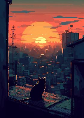 Feline city gaze pixel art