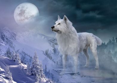 Mysterious Wolf and Moon