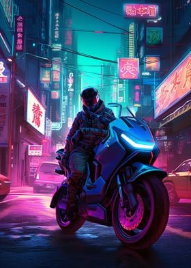 Neon Tokyo Motorbike Rider