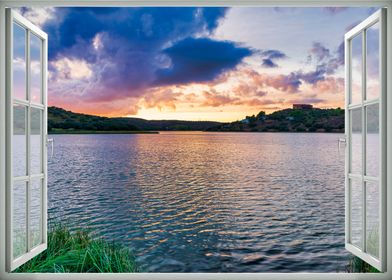 Window view lake sunset