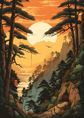 Mountain Sunset Ukiyo e