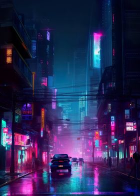 Cyberpunk city with car