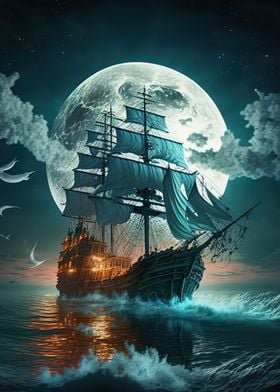 boat moon night 