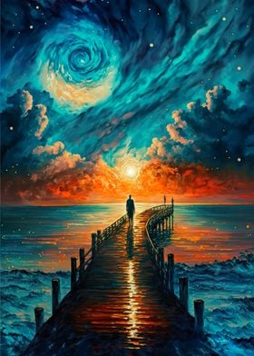 Bridge to ocean painting