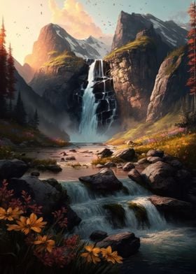 Waterfall in Forest Nature