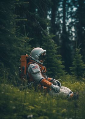 Astronaut sitting in field