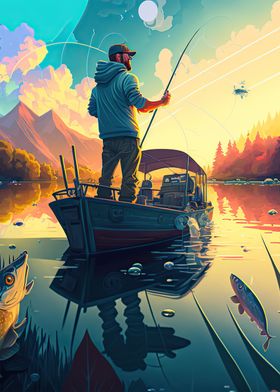 Poster Master Vintage Fishing Poster - Retro Man On Canoe Print - Lake Art - Neutral Gift for Saltwater, Freshwater Fisherman - Wall Decor for Ocean