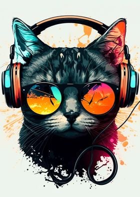 Cat headphone dj music