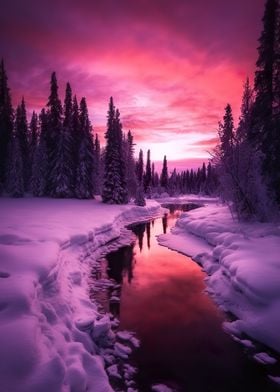 Winter river sunset