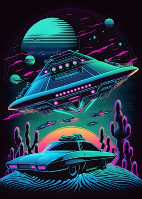 UFO and Car Retro Poster