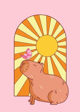 Capybara with pink bird