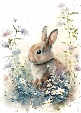 Cute Rabbit and Flowers