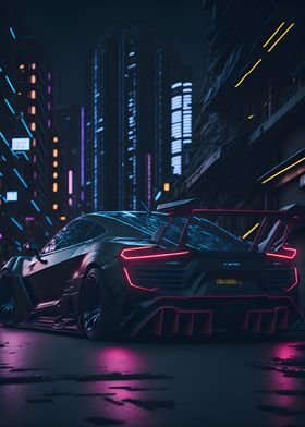 Dark Neon City Sports Car