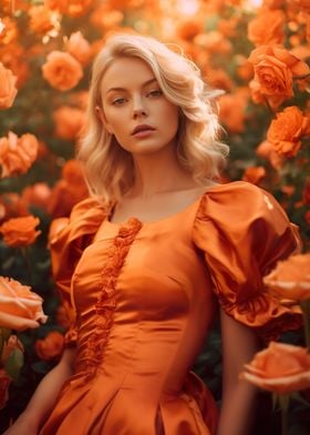 blond girl in orange roses