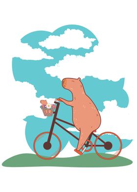 Capybara with baby on bike