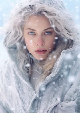 Blond woman in snowflakes