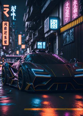 Dark Neon City Sports Car