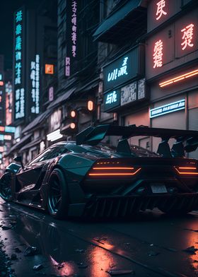 Dark Neon City Sports Car