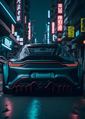 Dark Neon City Sports Car