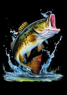 Bass fishing, fishing, fish, patriot, hunting, outline Poster for