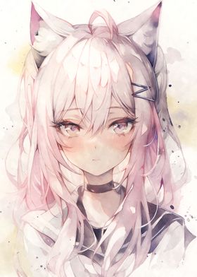 Kawaii Anime Neko Cat Girl With white hair | Art Print