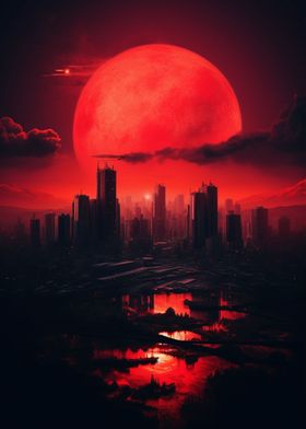 cityscape glowing red moon