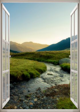 Window view mountain river