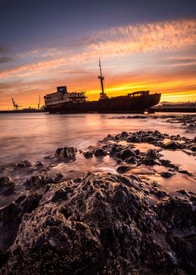 Shipwreck during sunset