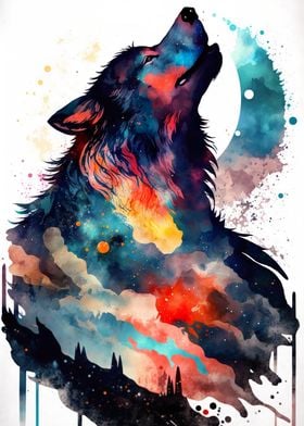 wolf at night watercolor
