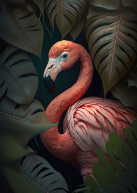 Pink flamingo with leaf