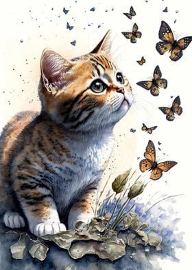 Butterfly cat watercolor