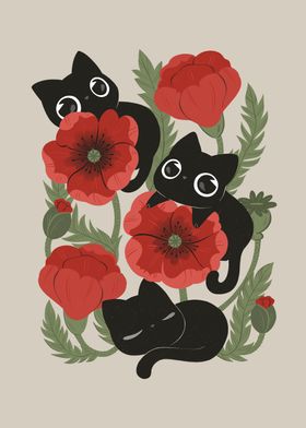 Poppies and black kitties